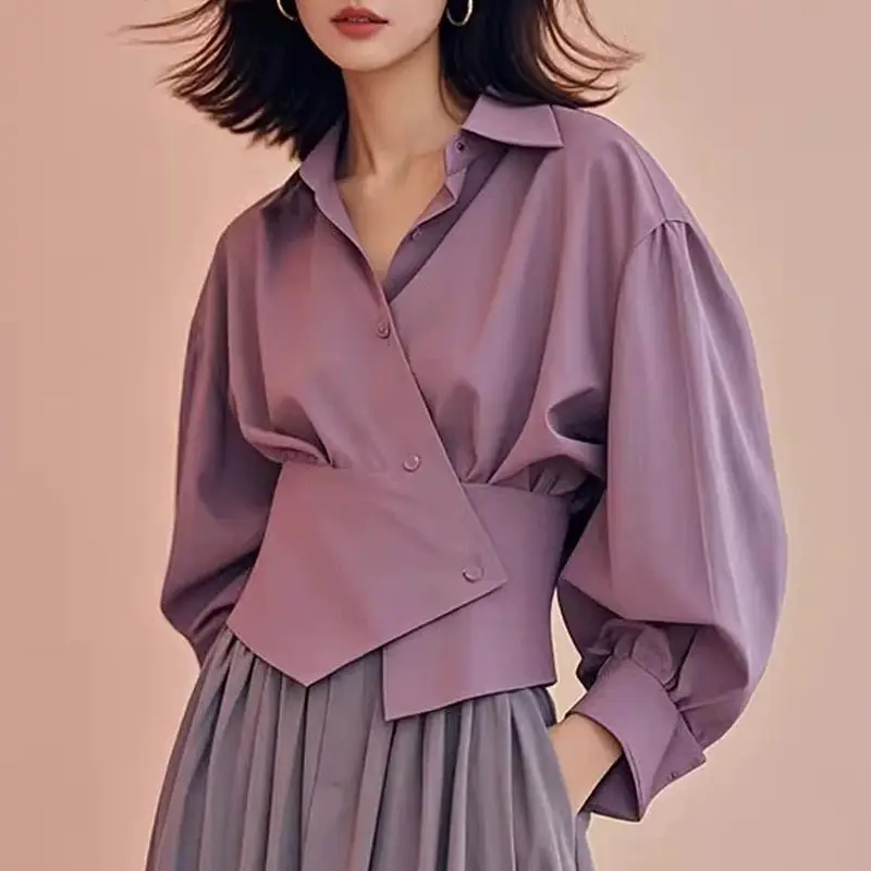 Korean Style Taro Purple Waist Cinched Lantern Sleeve Shirt for Women in Early Spring New Cool Style High-end and Niche Top