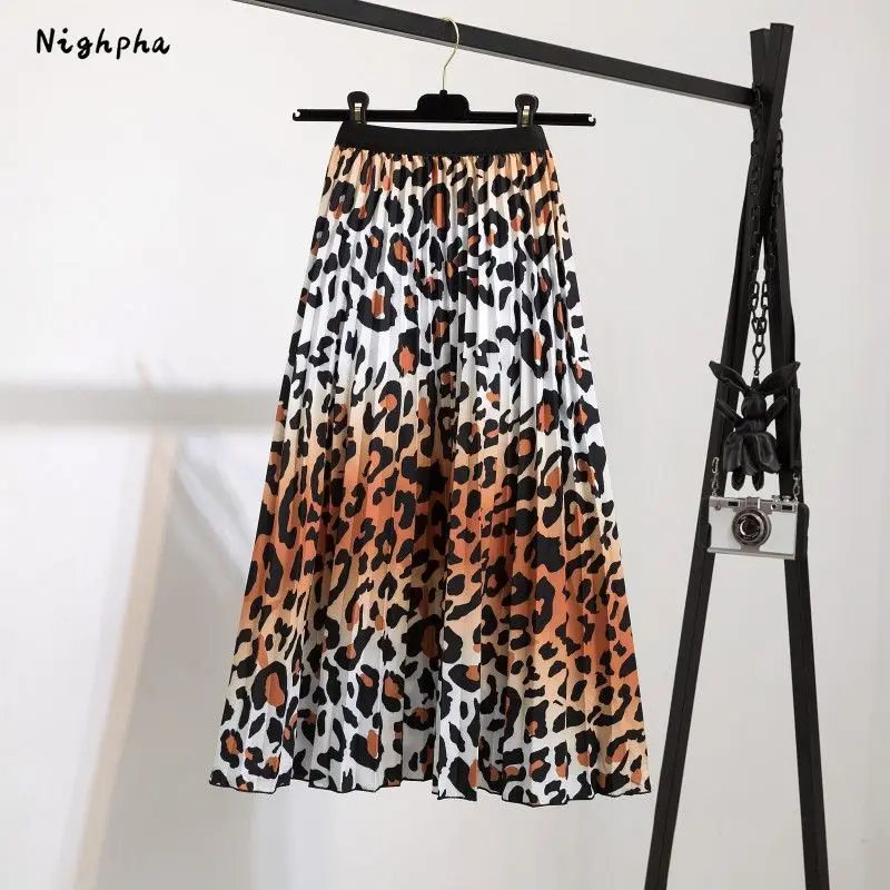 

Nighpha Leopard Midi Skirt for Women Summer Causal Pleated Skirt Elastic High Waist A-line Skirt Large Hem