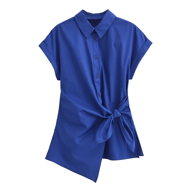 

Summer 2024 Women Solid Short Sleeve Lapel Collar Asymmetric Hem Knotted Shirt Streetwear ropa de mujer