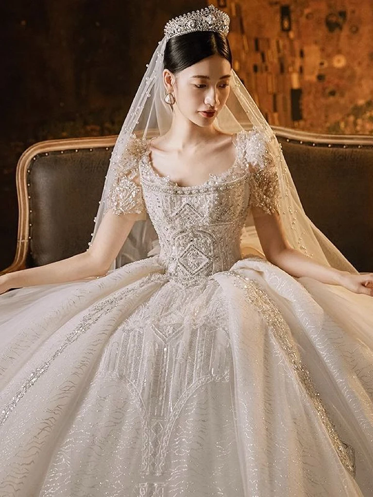 Robe de mariée en perles de cristal, robe de mariée de luxe, nœud de boule, manches courtes, belle Icidal, grand train dans le dos, mariage, quelle que soit, 2024