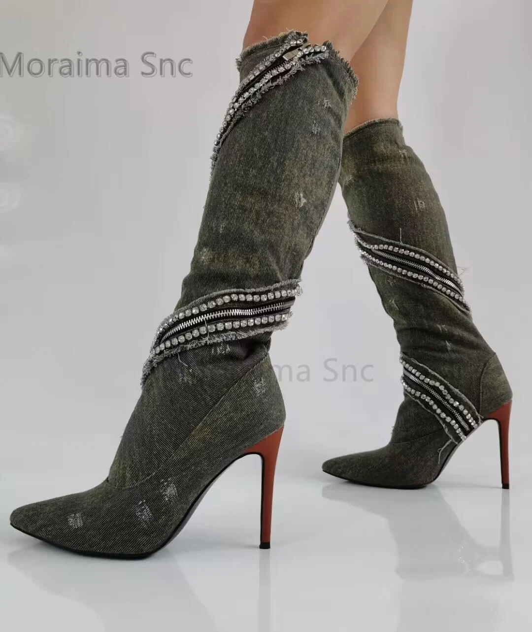 

Denim Zipper Rhinestones Chain Winding Stiletto Knee High Boots Pointed Toe Women's Boots High Heels Spring Autumn Lady Shoes