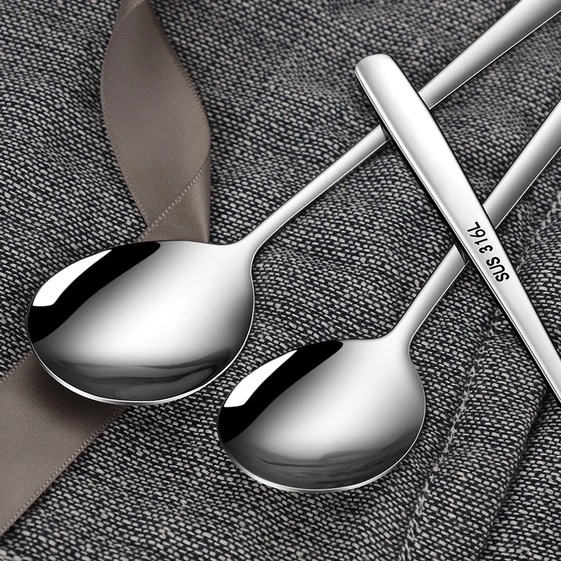 Korean Long-handle Spoons Chopsticks Tableware Set Reusable High-end 316 Stainless Steel Non-slip Food Soup Spoon Dinnerware Set