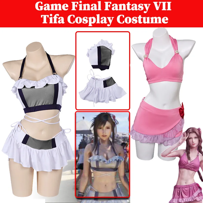 

Tifa Cosplay Aerith Game Final Cos Fantasy VII Swimwear Costume Anime Role Play Sexy Bikini Women Halloween Party Disguise Suit