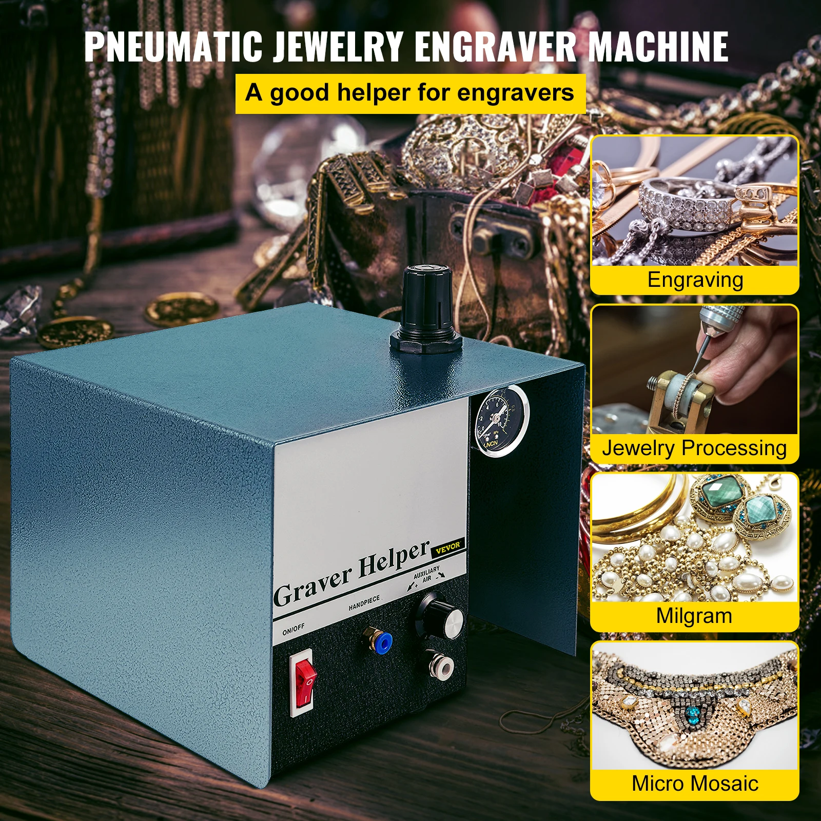 VEVOR Pneumatic Engraver Single Ended 1400RPM Jewelry Pneumatic Impact Graver Engraving Machine for Carving Mosaic DIY Craft