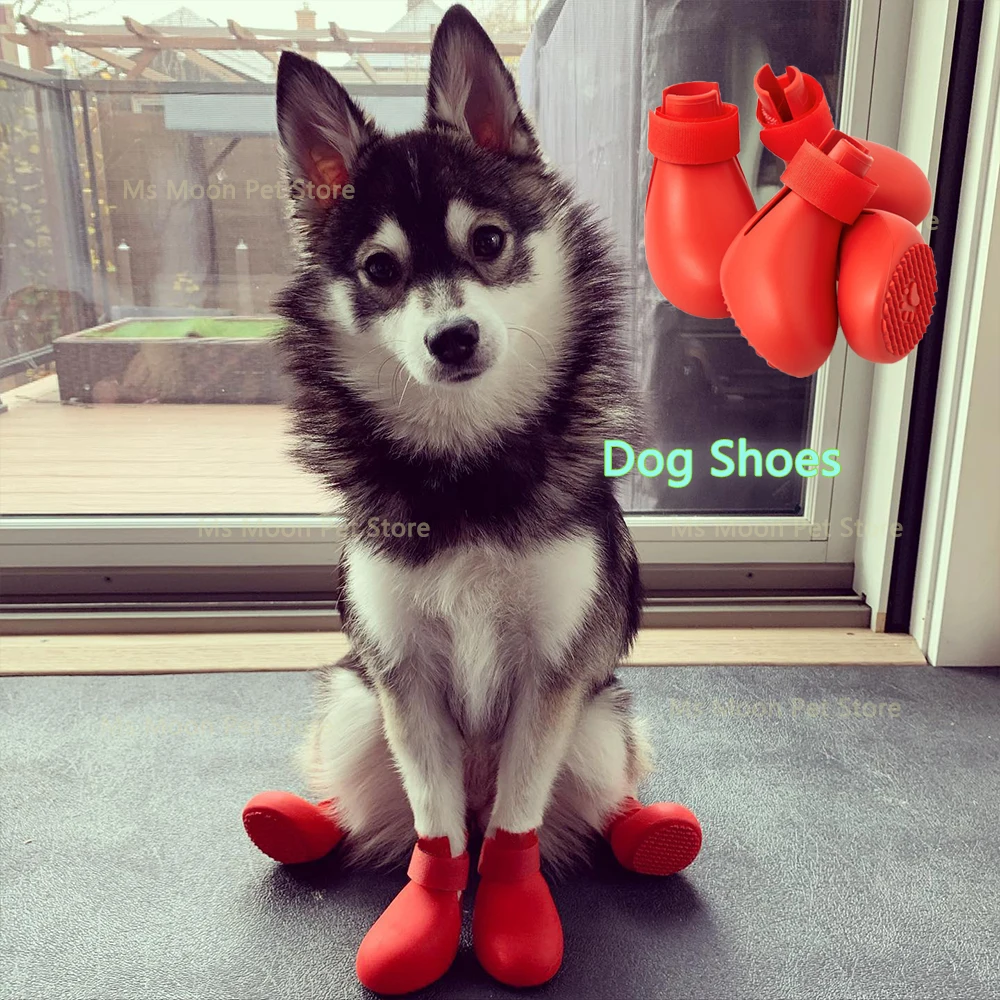 4pcs/Set Dog Rain Boots Waterproof Dog Rain Shoes Fleece Lined Adjustable Rubber Pet Snow Boots for Small Medium Dogs Anti-Slip