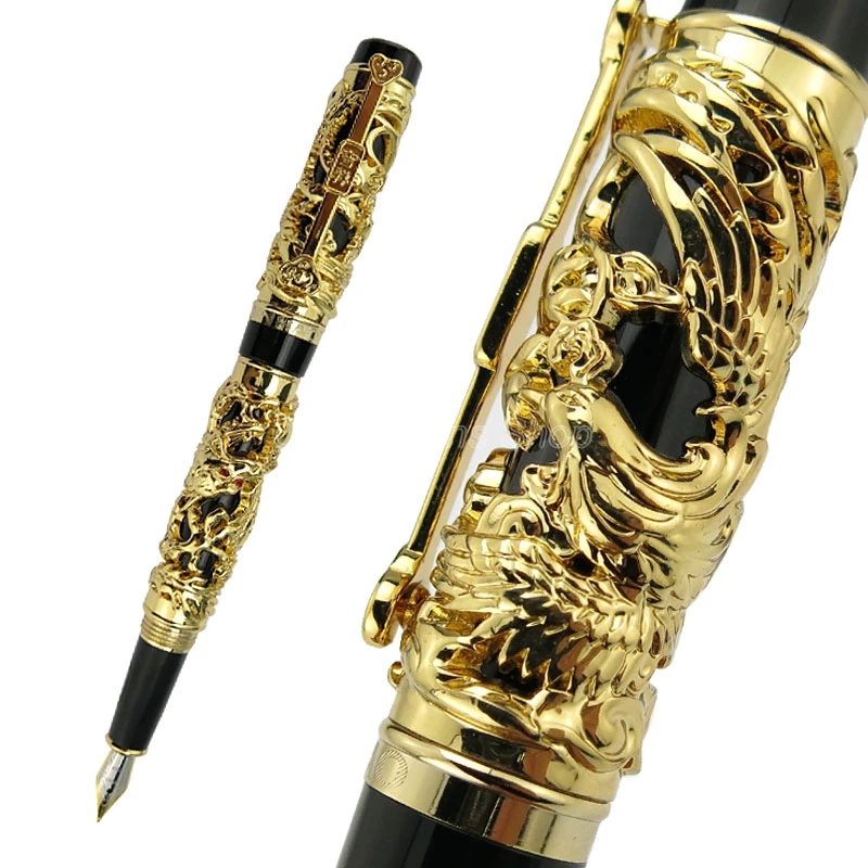 

Jinhao Vintage Metal Carving Embossing Dragon And Phoenix Medium Nib Heavy Fountain Pen Noble Office School