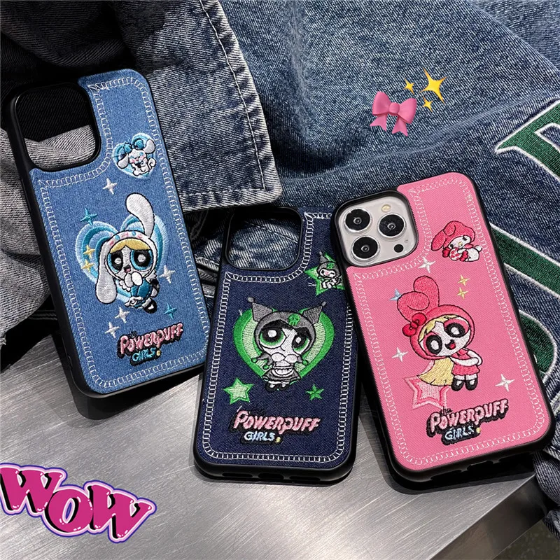 

Denim Cool Powerpuff Girls and Saniro Cartoon Phone Case for iPhone 11 12 13 14 15 Pro Max embroidery Melody Kuromi Cover