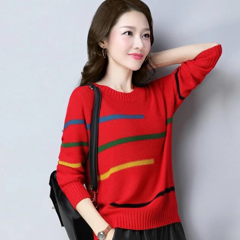 Spring Women Loose Stripe Sweaters Elegant O-neck Casual Knitted Jumper Long Sleeve Korean Vintage Pullover New Knitting Tops