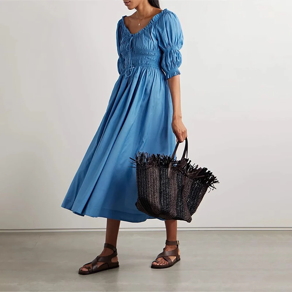 

Tie Waist Cotton Blend Women's Dress Y2k Fashion Casual Commuter Hundred Bubble Sleeve Round Neck Long Dress 2024 Summer New