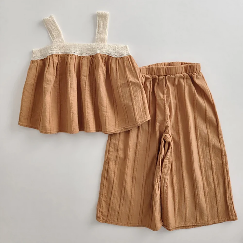 Bear Leader Solid Color 2 Pieces Girls Clothing Sets Summer Lace Patchwork Suspender Top and Pleated Wide Leg Pants Suit