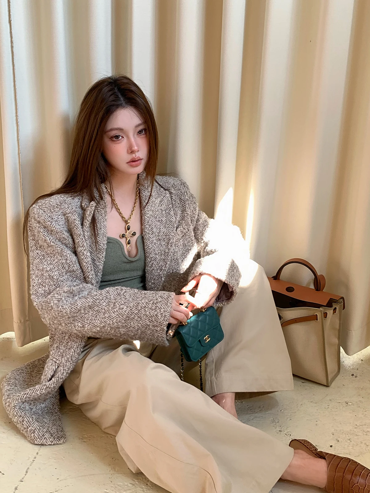 

Classic Loose Women's Suit Jaet Thi Woolen Coat Circle Patterned Prussian Blue Long Sve Busin Casual Outerwear