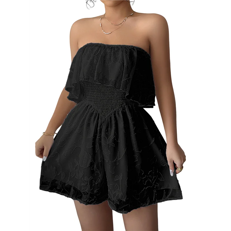 

A83F-Women's Off Shoulder Casual Floral Print Summer Strapless Pleated Elastic Waist Beach Short Jumpsuits
