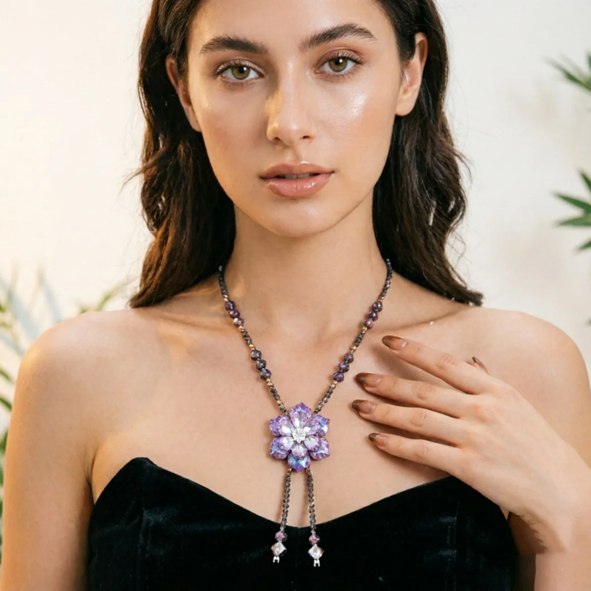 Glänzende lila Kristallblumen-Pulloverkette für Damen und Herren, Vintage-Halskette mit Kordelzug, Perlen, Y-förmiger Quasten-Blumen-Choker-Schmuck – Detail 15