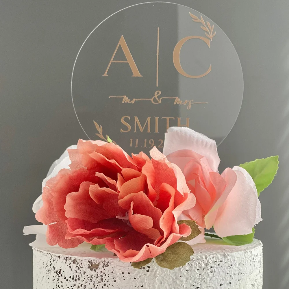 Personalized Wedding Clear and Frosted Acrylic plus Stiker Cake Topper with Date Cake Topper for Wedding Custom Name