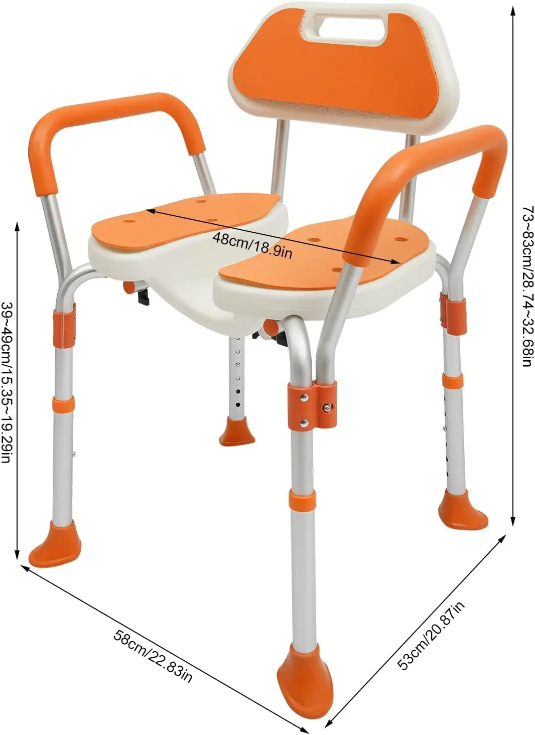 Tabouret de douche pour personnes âgées, avec dossier et accoudoirs, chaise de bain réglable en hauteur avec rembourrage antidérapant en EVA, capacité de charge de 275,58 lb, orange