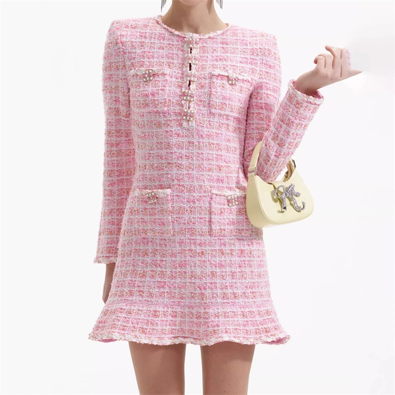 Spring new women\'s round neck pink plaid high quality y2k fashion commuter luxury beaded A-line commuter long-sleeved mini skirt