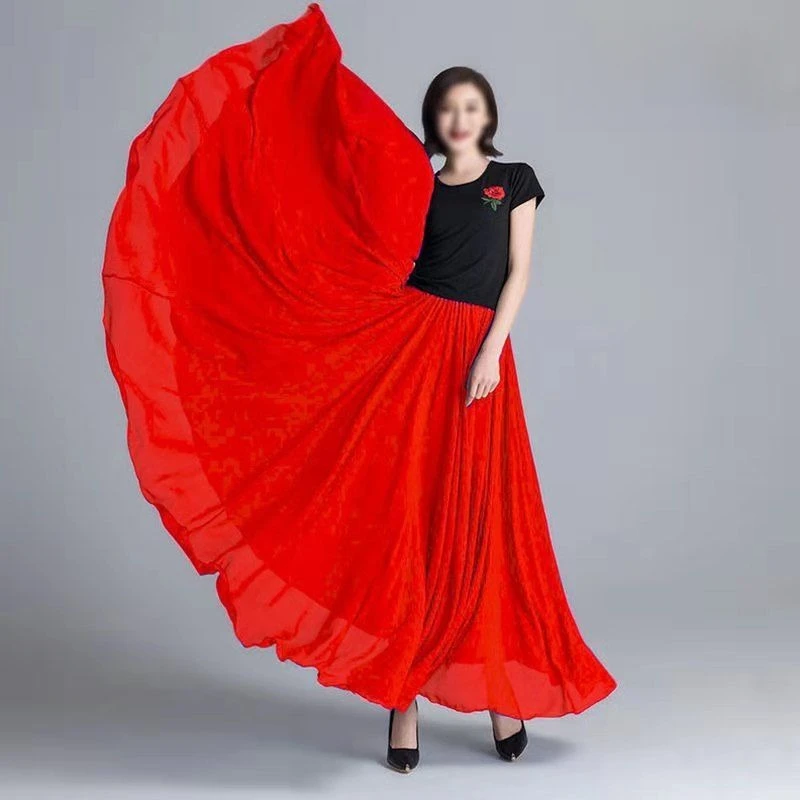 Abbigliamento da ballo da donna 720 °   Gonna in chiffon svasato a cerchio completo Gonna da danza etnica rossa a vita alta per spettacoli teatrali popolari di danza del ventre