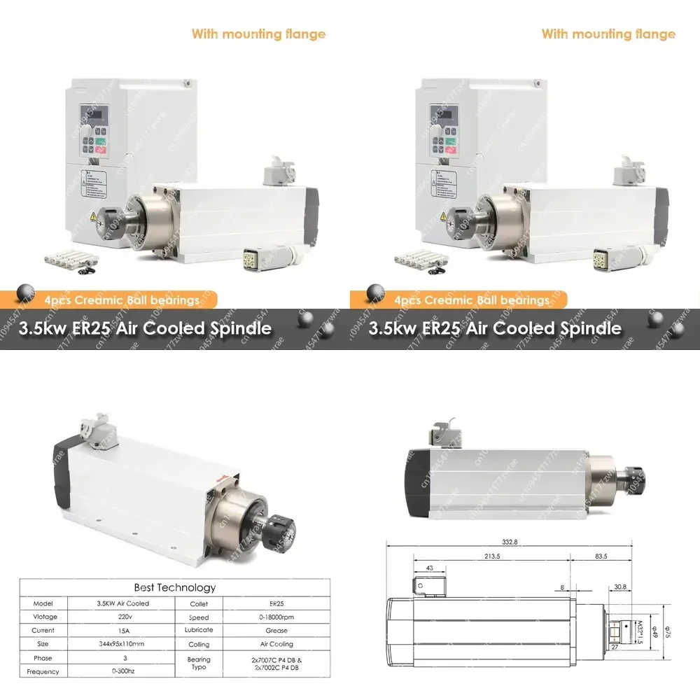 3.5KW ER25 Air Cooled Spindle Motor Ceramic Bearings With Flange for Wood Working and 4kw H100 Motor Speed Controller R