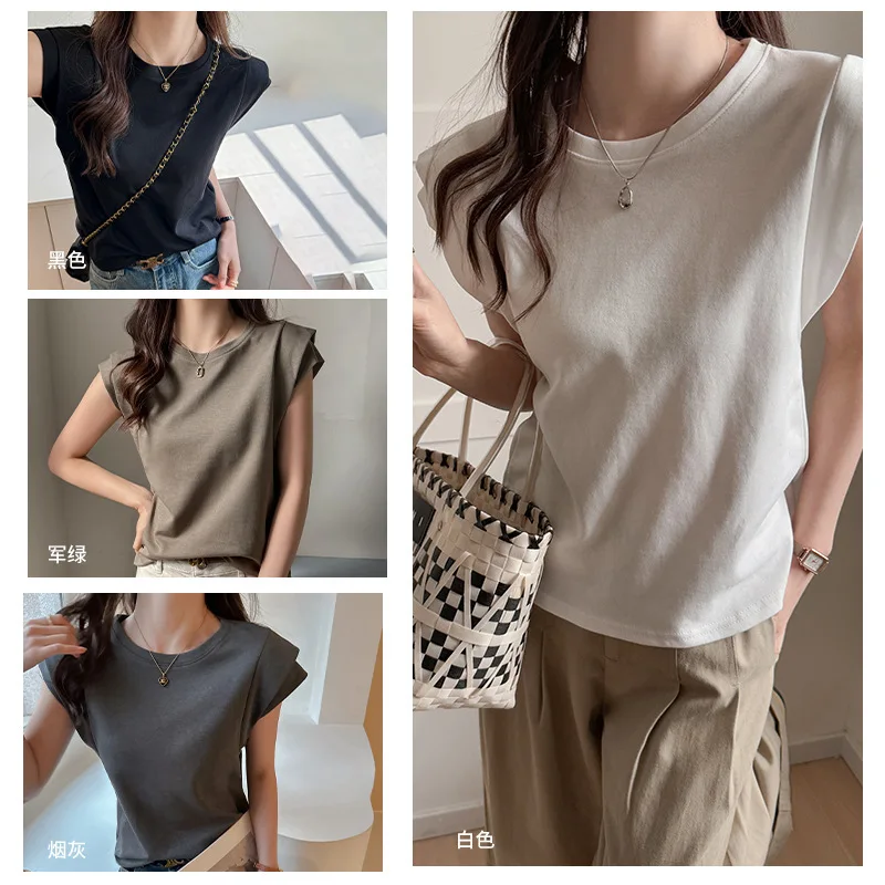 T-shirt a maniche corte con spalla regolare, collo rotondo, doppia spalla, dimagrante, sensazione di fascia alta, per donna, casual, versatile, ampia