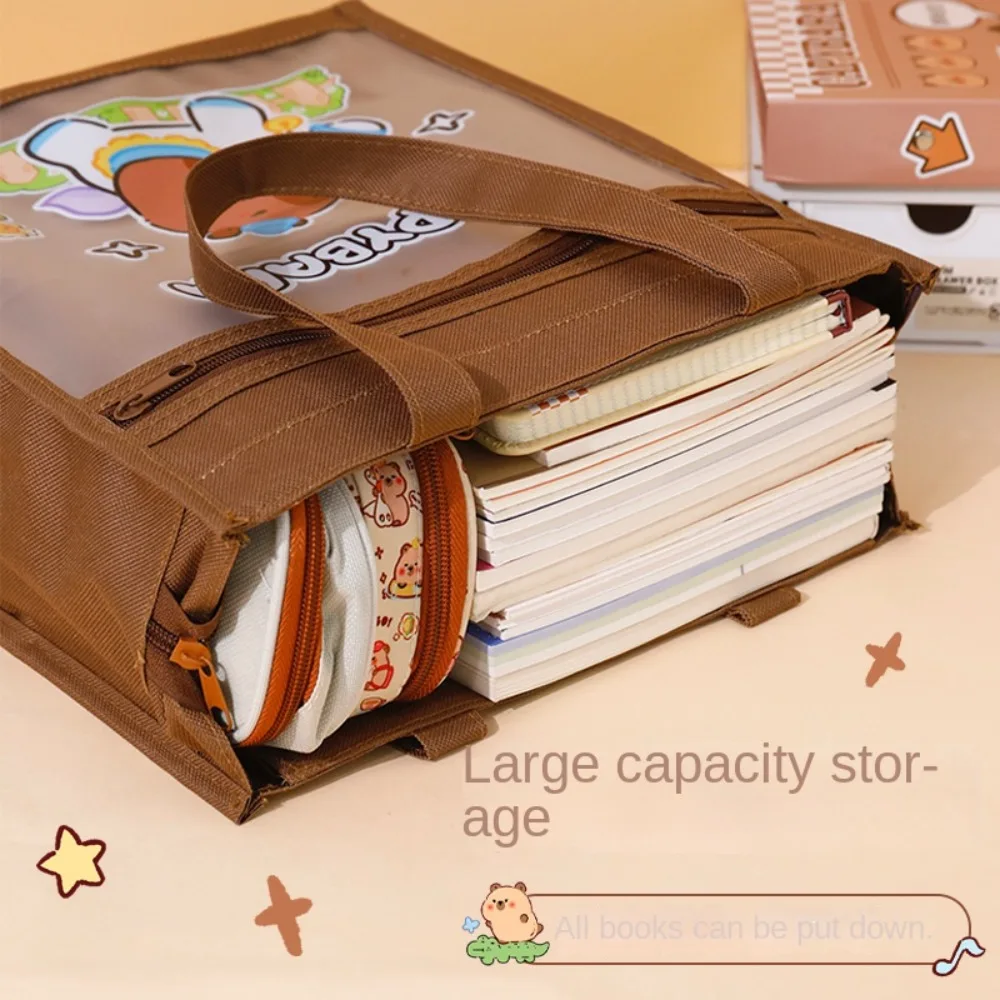 Borsa da scuola multifunzione Capybara Tote Borsa da tutorial portatile di grande capacità per cartoni animati Tasca laterale portatile in rete