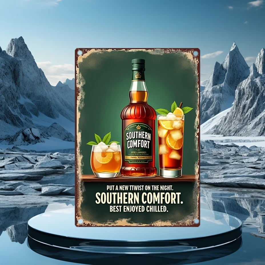 Arte de pared metálico vintage Southern Comfort - Letrero rústico de hierro con diseño de whisky, cola de gallo y montaña, decoración de pared para
