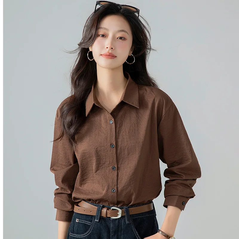 New Female Spring And Autumn Loose Fashion Versatile Commuting Casual Top For Women Simple Solid Color Collar Long Sleeve Shirt