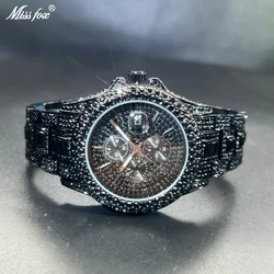 New MISSFOX Fashion Black Watch For Mens Automatic Date Hip Hop Iced Diamond Waterproof Luxury Quartz Wristwatch Man Rolej 2024