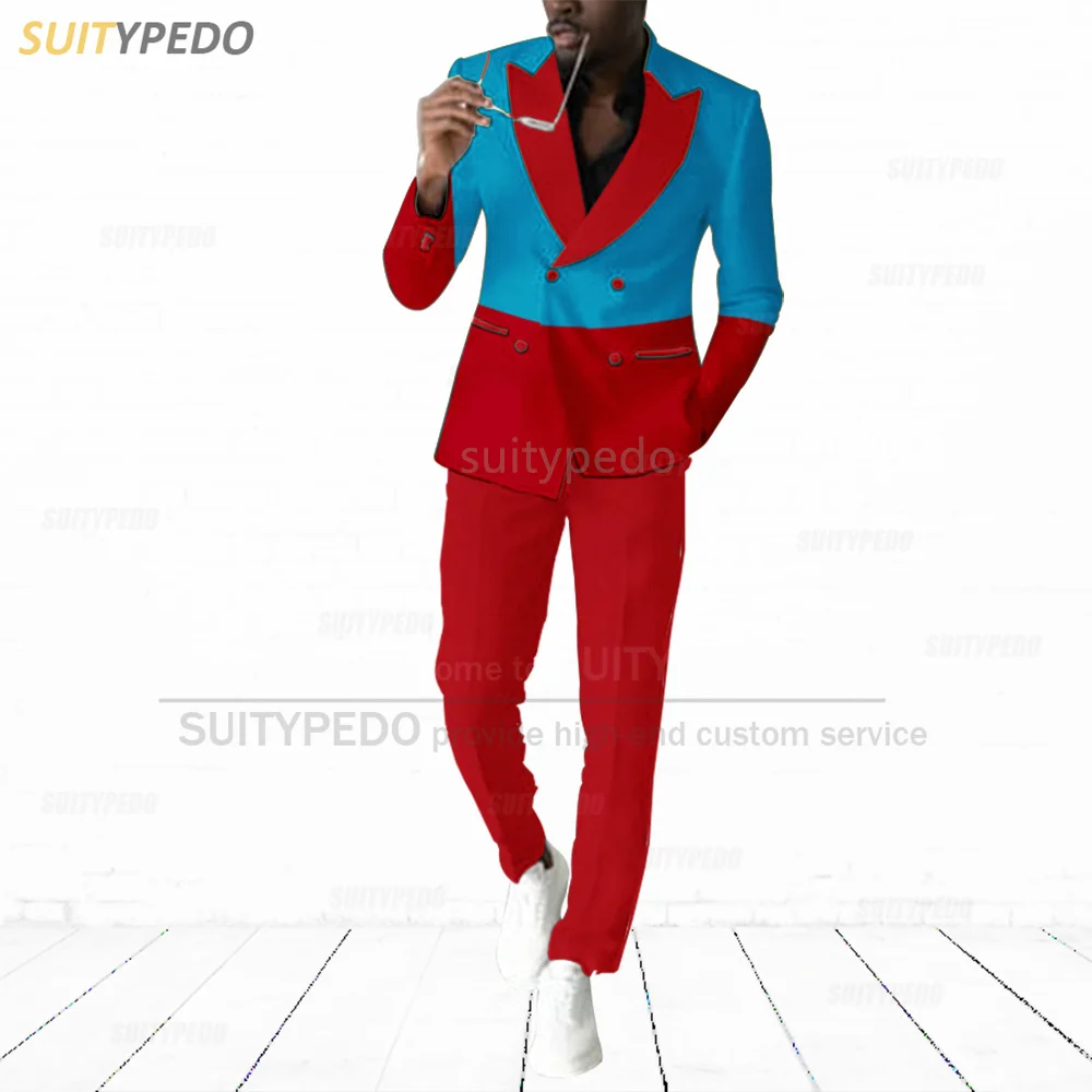 Fashion Red Splicing Suit Sets For Men Evening Dinner Custom Elegant Outfits Piano Performance Formal Blazer Pants 2 Pieces