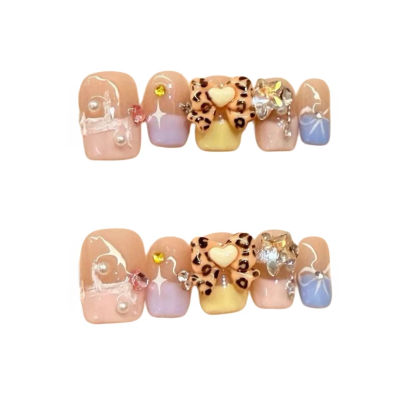 10 pièces Simple luxe mignon français à la main presse sur les ongles imprimé léopard arc faux ongles amovible réutilisable