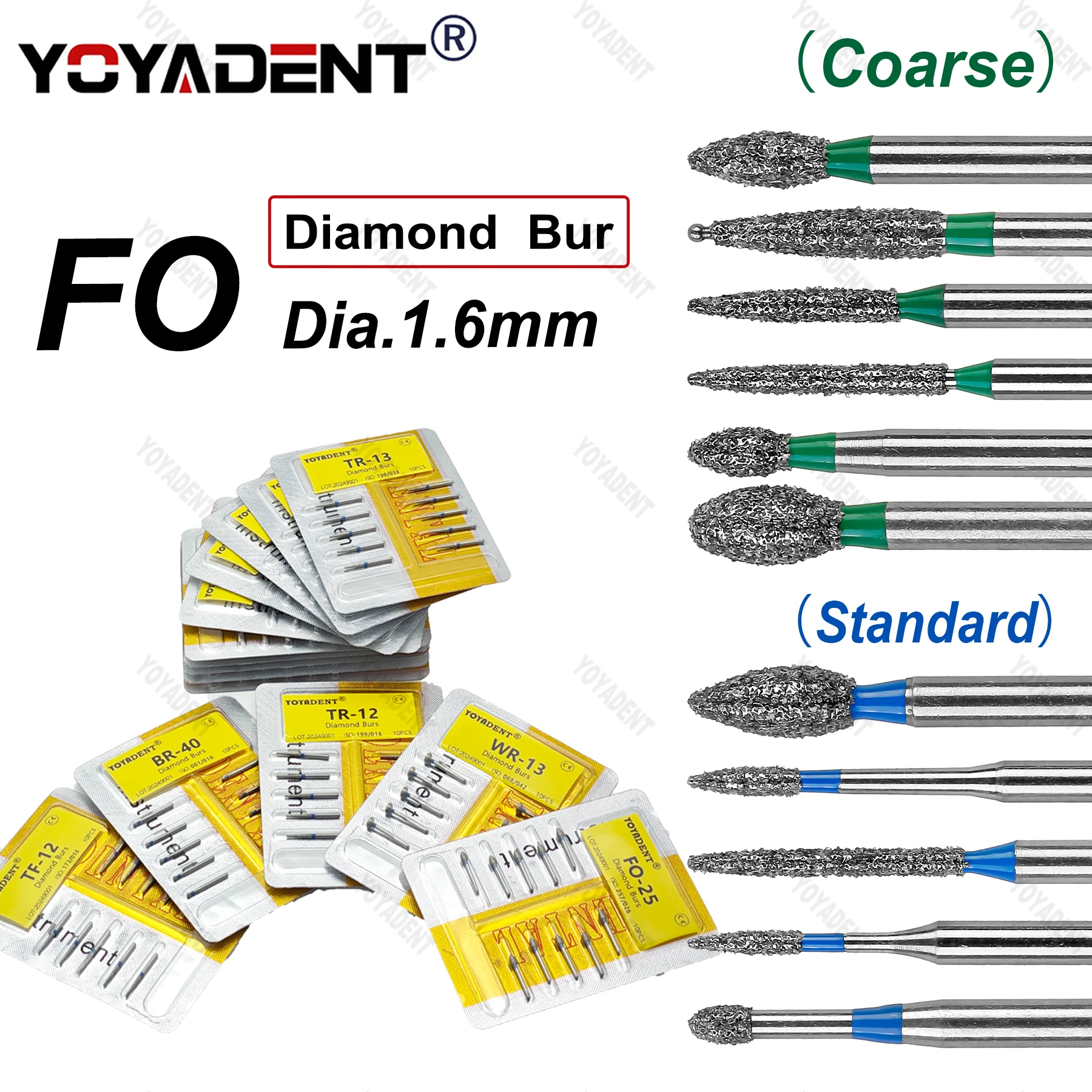 10Pcs/Pack FO Type Fine/Extra Fine/Coarse/Standard Dental Diamond Burs Dentistry Drills For High Speed Turbines Dia.1.6mm