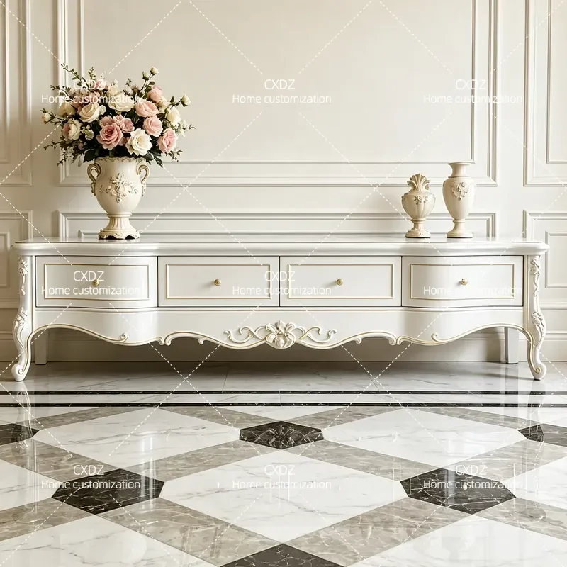 Solid Wood TV Cabinet Classical Carved Small Apartment Simple Partition Cabinet Living Room Coffee Table