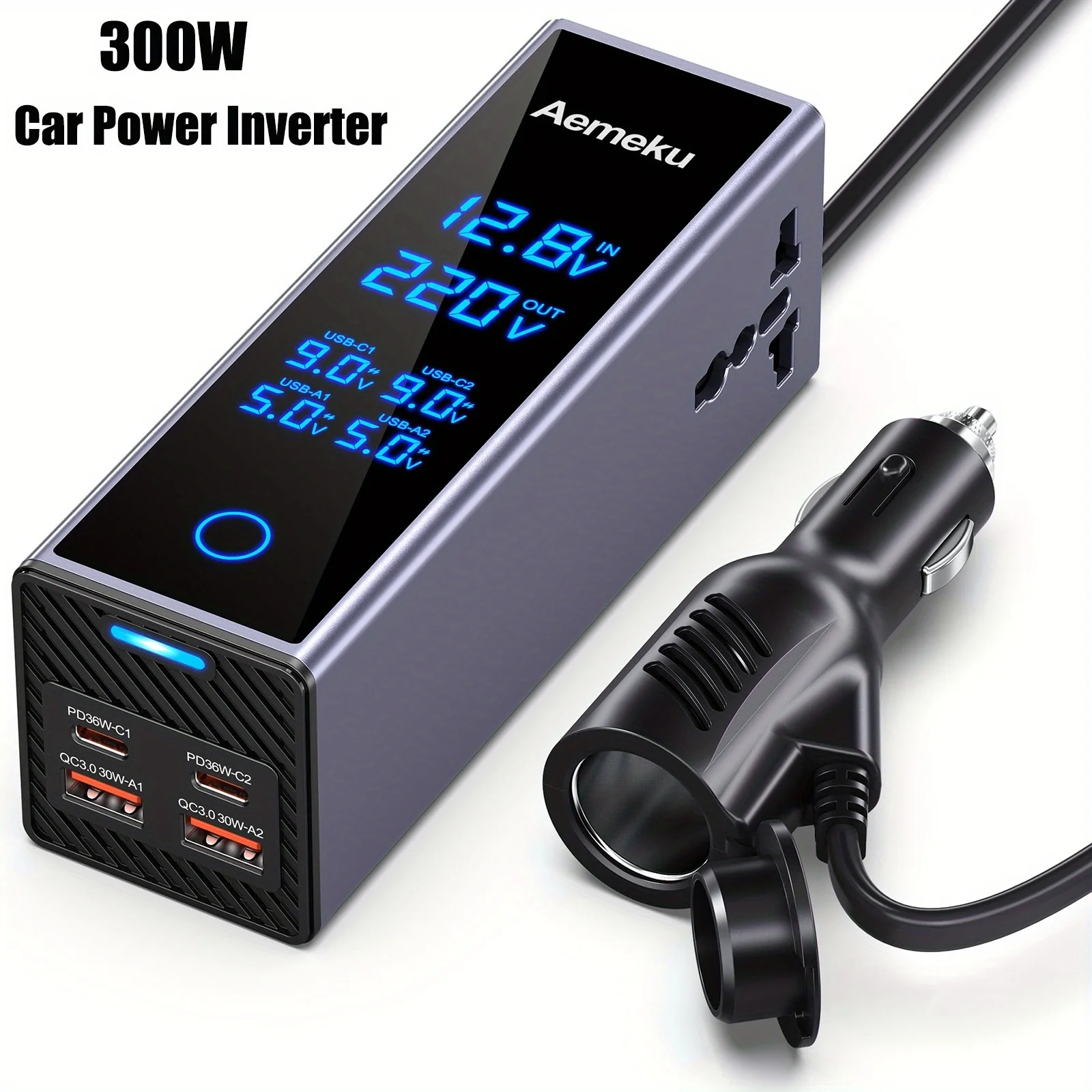 Aemeku 300W Car Inverter DC12V/24V to 220V AC with Touch Screen, PD Fast Charging, Universal Socket & USB Ports