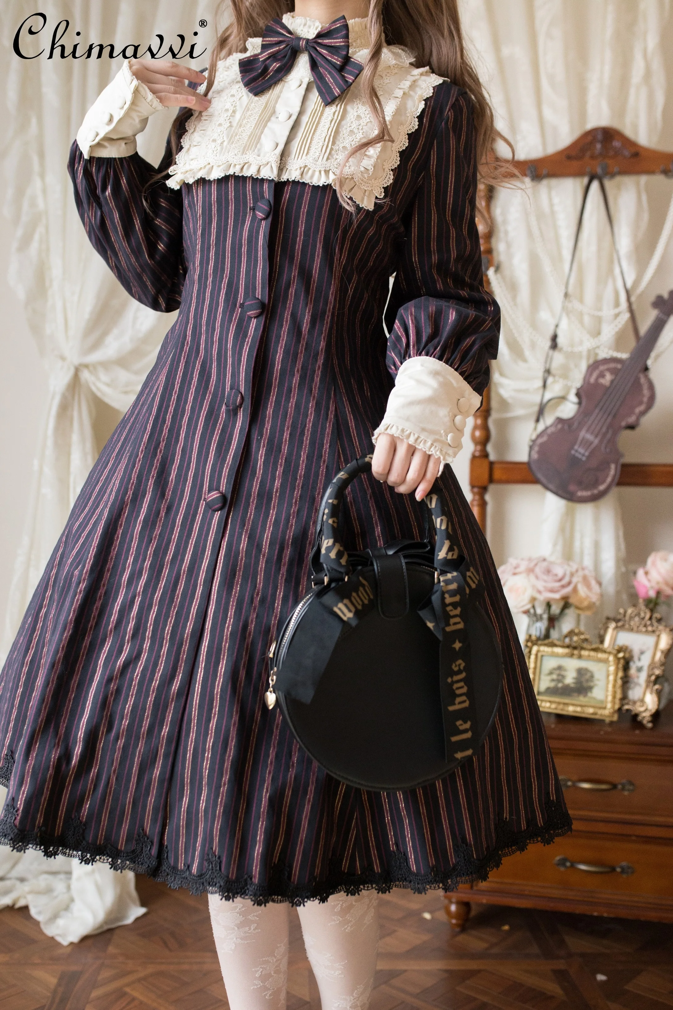 Original Daily New Spring and Autumn Striped Lolita Dress Vintage Womens Bow Slim Long Sleeve Single-breasted Elegant Dress Coat