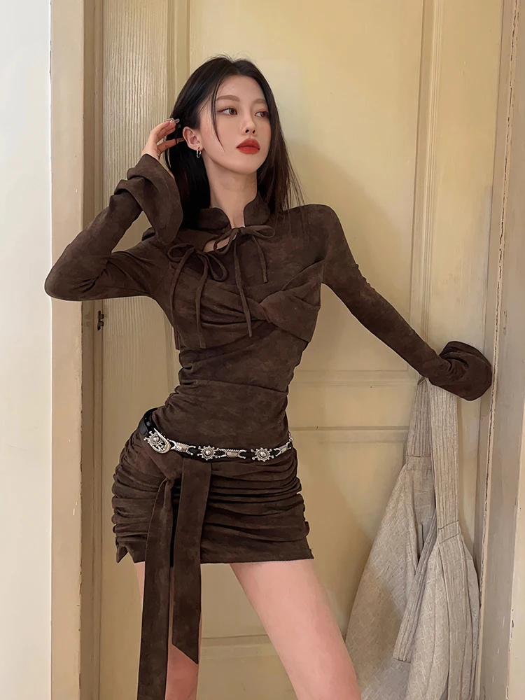 ReddaChic Teksturowana wiązana obcisła sukienka damska Neo-chińska wstążka Stójka Rozkloszowane rękawy Marszczenie Mini sukienka Party Jednoczęściowa