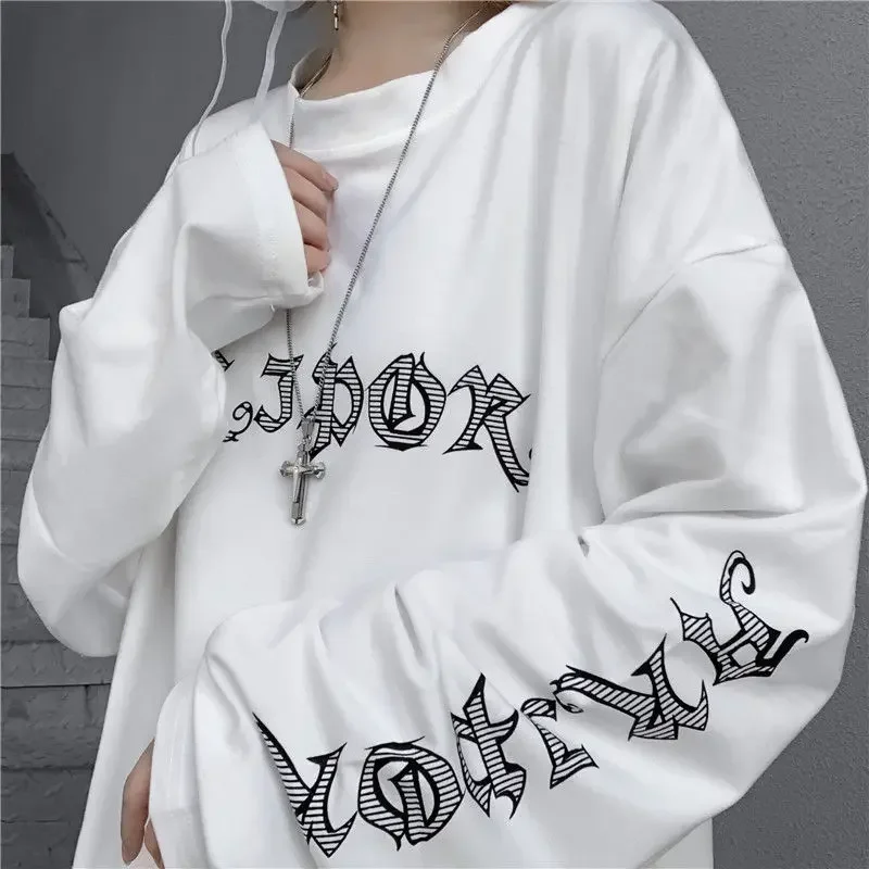 Long Sleeve White T Shirt for Women Tshirt Goth Gothic Graphic Tee Korean Clothes Horror Emo Alt Clothing Tops 2024