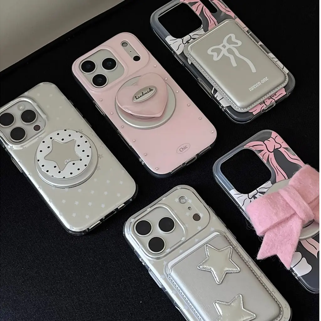 

Чехол для телефона с магнитной беспроводной зарядкой и держателем Cute Sweet Girl Series Bowknot Stars Love с держателем для iPhone 17, 16, 15, 14 Pro Max