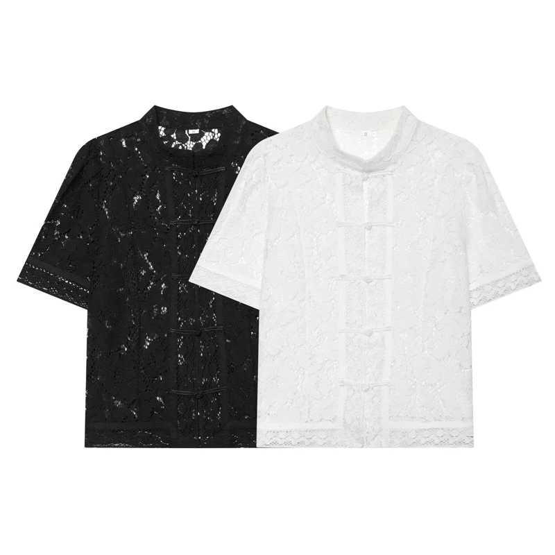 

2026 Summer Elegant Women's Chinese-Style Frog Button Lace Shirt Short Sleeve Stand Collar Daily Commuter Women's Top