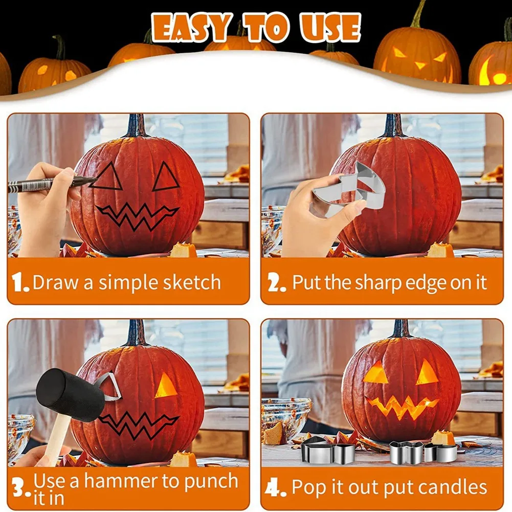 

A78Z-Halloween Pumpkin Carving Kit Stainless Steel Cookie Cutter Baking Mold DIY Jack-O-Lantern Carving Tools