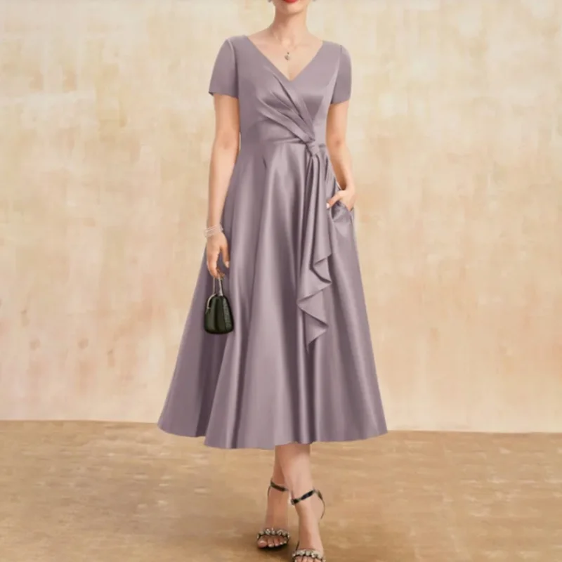 

2024 Evening Gala Elegant Mother of the Bride Dresses Satin V-Neck Tea-Length A-Line with Pleats Wedding Guest Party for Women