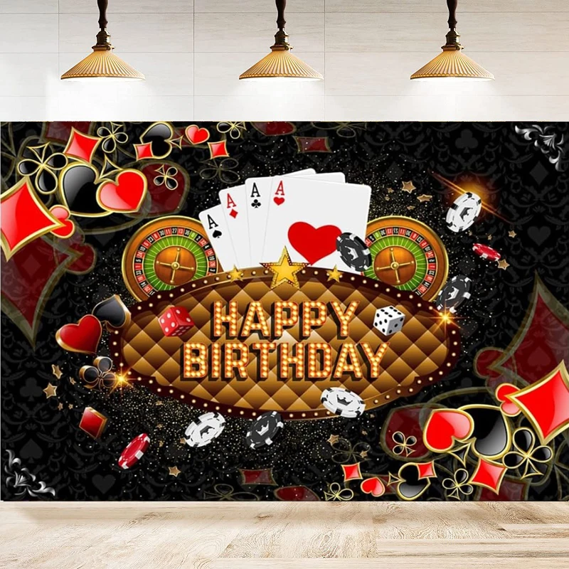 

Casino Happy Birthday Photography Backdrop Las Vegas Night Dice Poker Card Carnival Black White Chips Background Banner Decor