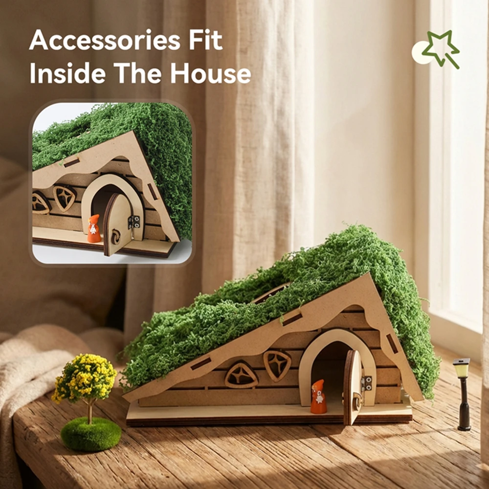Wooden Triangular Elf House Set Cartoon Room Decor Dollhouse Decor Toy Fairy Tale Style Decorative Accessories Gift