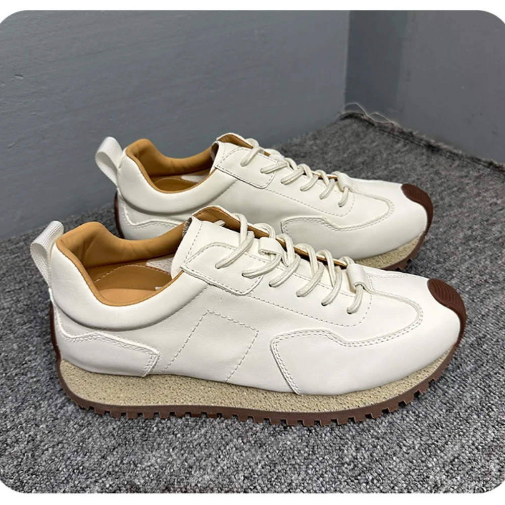 

QHCCID Men's Casual Shoes Autumn New White Round Toe Horsehide Sneakers Lace Up Non Slip Sneakers