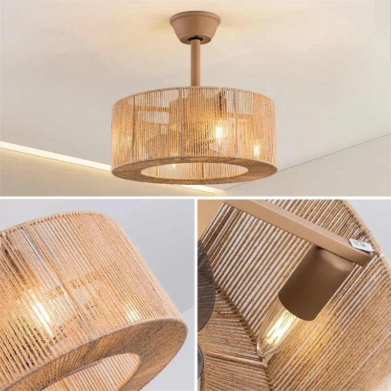 Vintage Bamboo Rattan Ceiling Fan Light Hidden Blades DC Motor Quiet 3 Speed Remote Control Flush Mount Living Room Home Decor