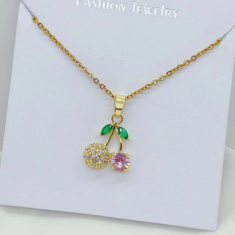Klasyczna europejska i amerykańska letnia słodka dziewczyna śliczna różowa mikro-inkrustowana wiśnia naszyjnik damski łańcuszek do obojczyka wisiorek prezent
