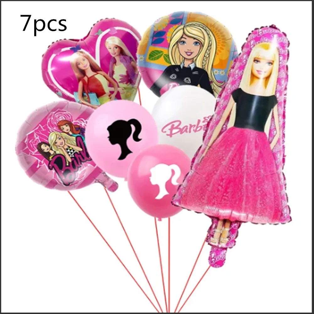 7Pcs Barbie Balloons Set Cute Cartoon Pink Princess Girl Party Decoration Foil Latex Balloon Baby Shower Supply Kids Gifts Toys