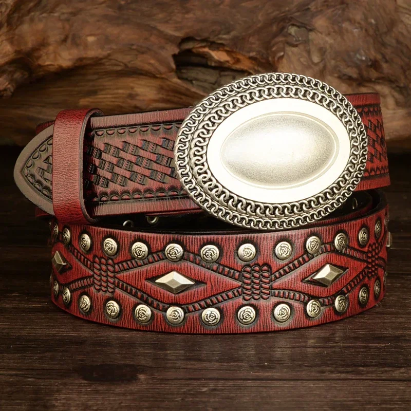 100% Top-Grain Cowhide Vintage Vegetable-Tanned Leather Embossed Belt for Men High-Quality Rivets Waistband for Fashionable Men