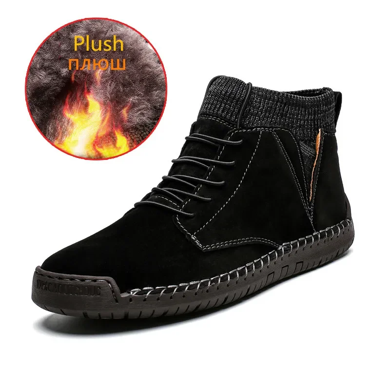 Bottes de neige chaudes en daim de vache pour hommes, chaussures de rinçage, fourrure, peluche, conduite de base, grande taille 48, haute qualité, marque, automne, hiver