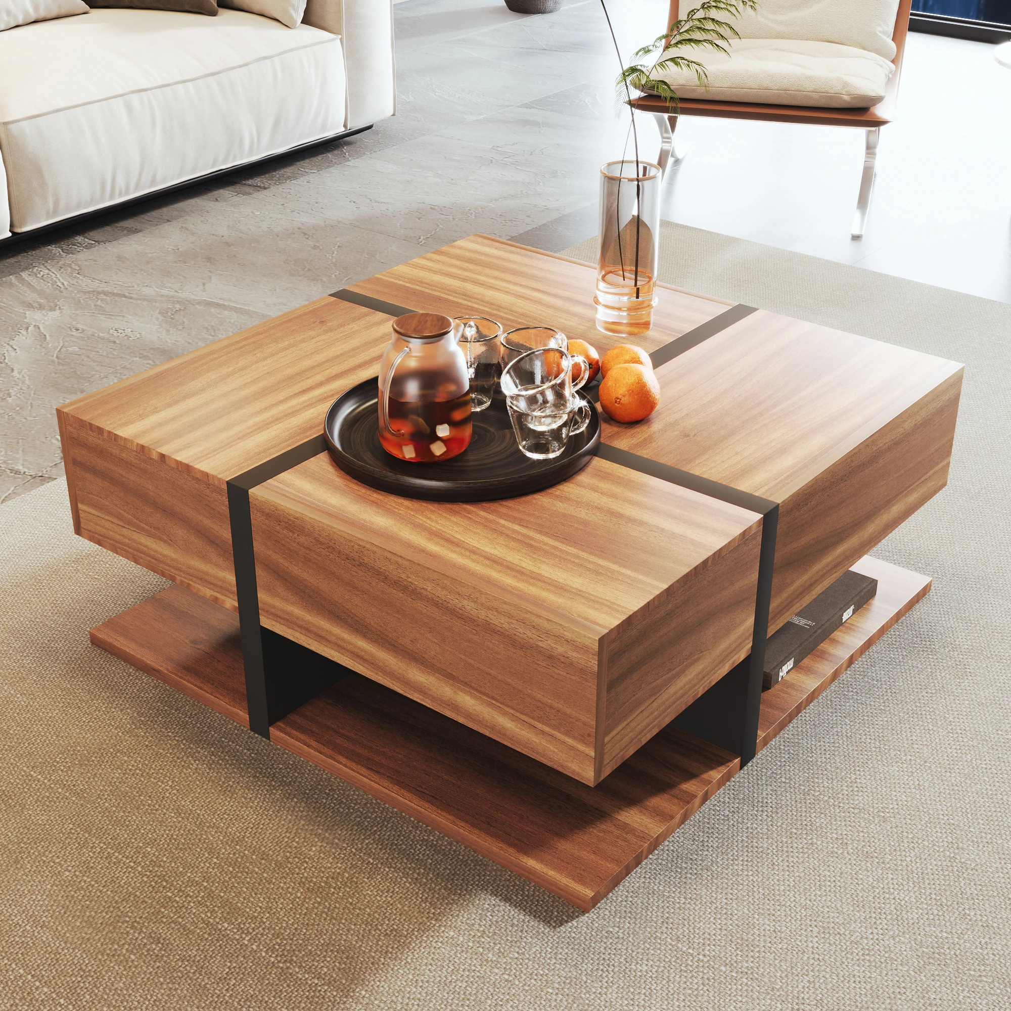 Coffee table, table with 4 drawers, unique color matching and line design, storage space below. 78*78*36cm