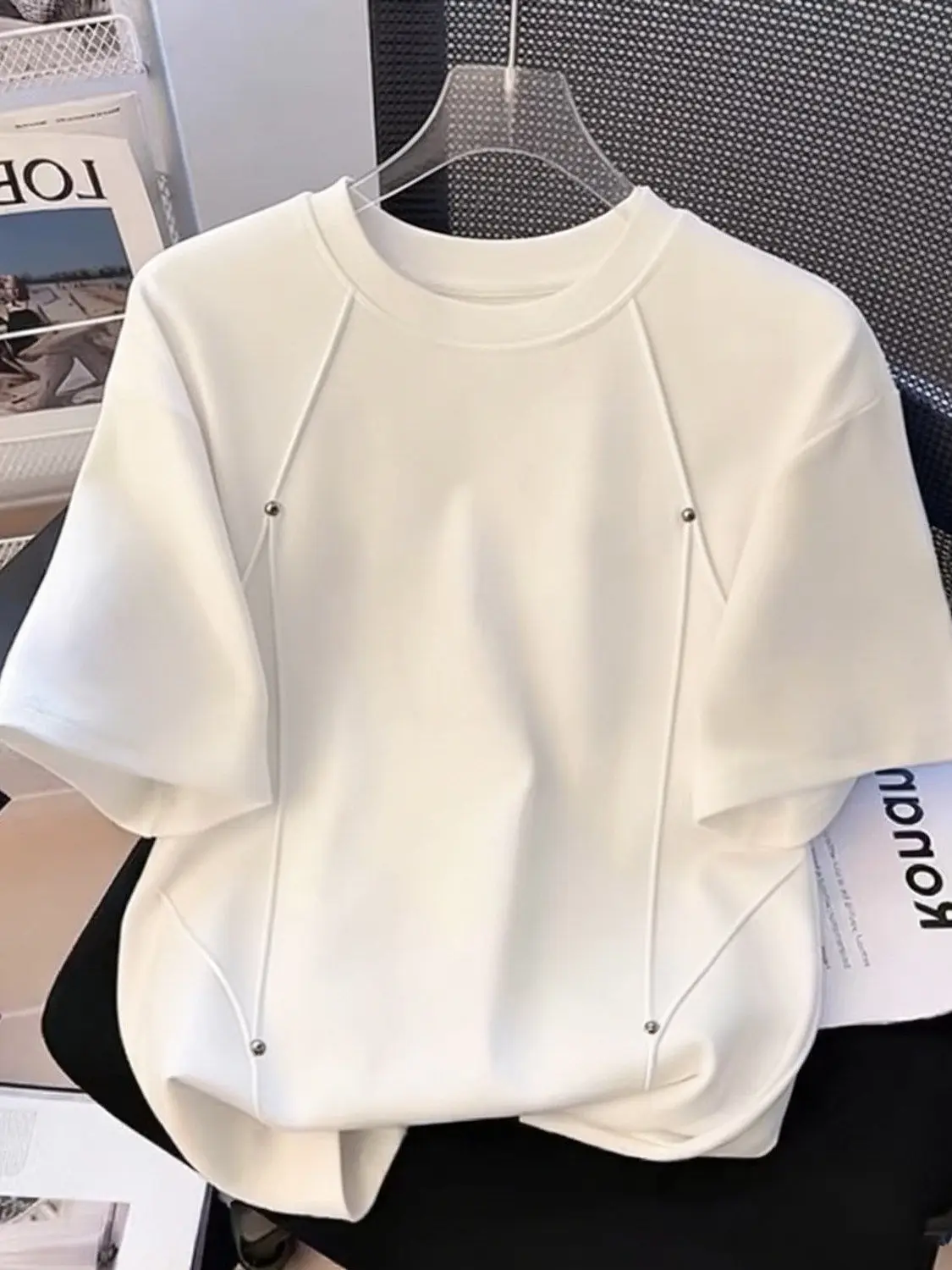 Deconstructed Short Sleeve T-Shirt Men's Summer Loose Rivet Splicing White Body Shirt Upper Apparel Shoulder Width Regular