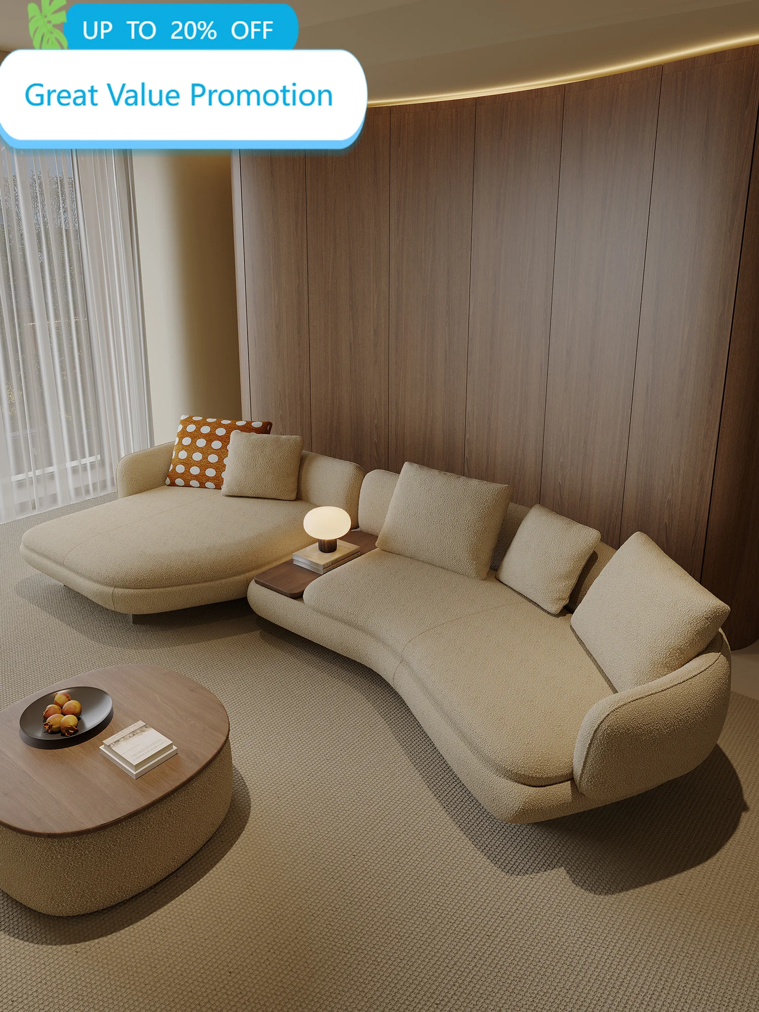 Cream Boucle Curved L Shaped Sectional Sofa With Chaise Built In Side Table Rounded Pillow Backrest For Living Room Villa
